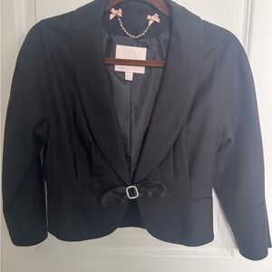 Rebecca Taylor Black Cropped Shawl Collar Blazer with Rhinestone Bow